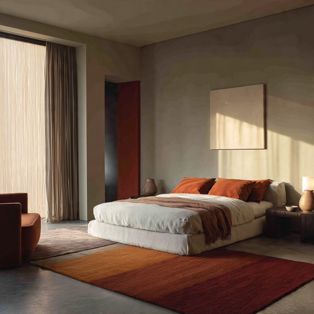 a minimalist bedroom with warm and cool