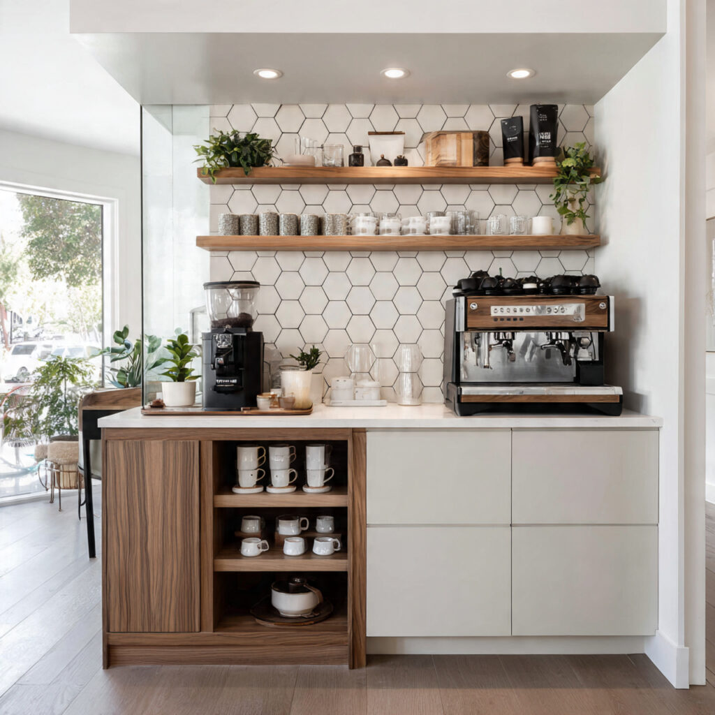 a modern coffee bar with an open