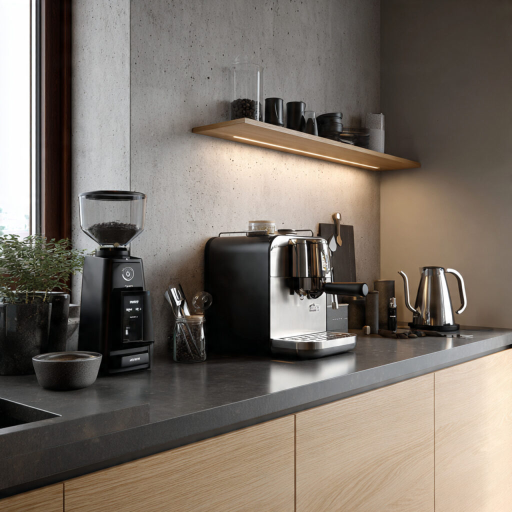 a modern coffee bar with compact appliances