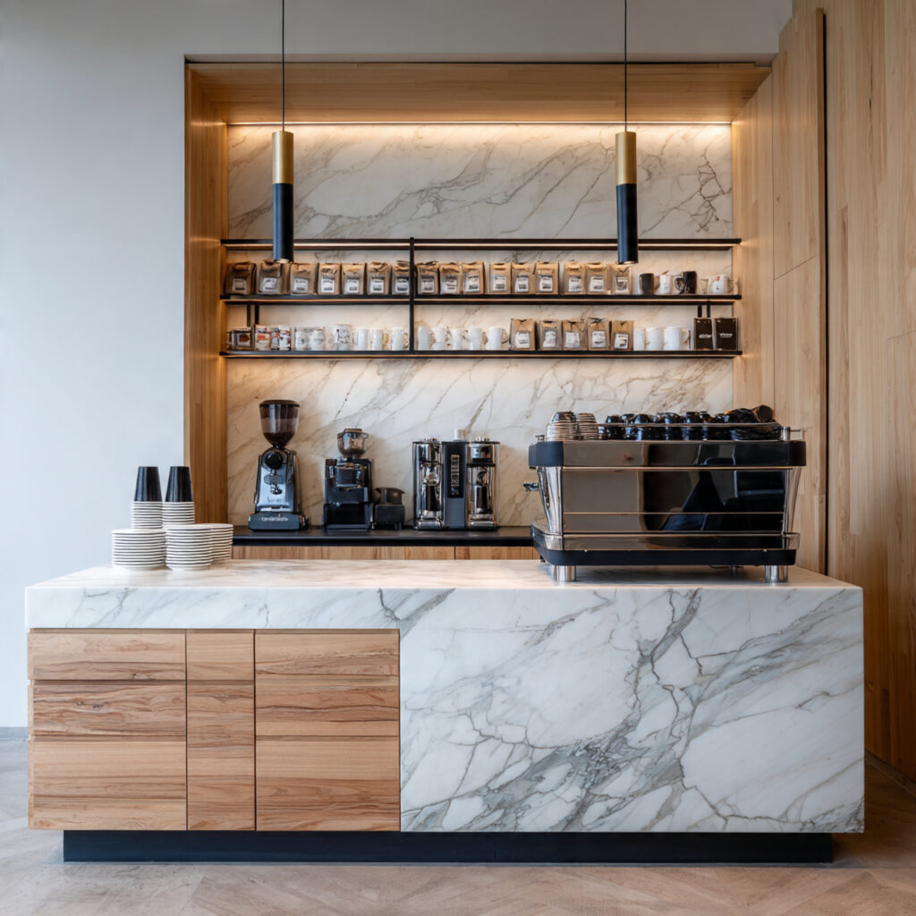 a modern coffee bar with marble accents