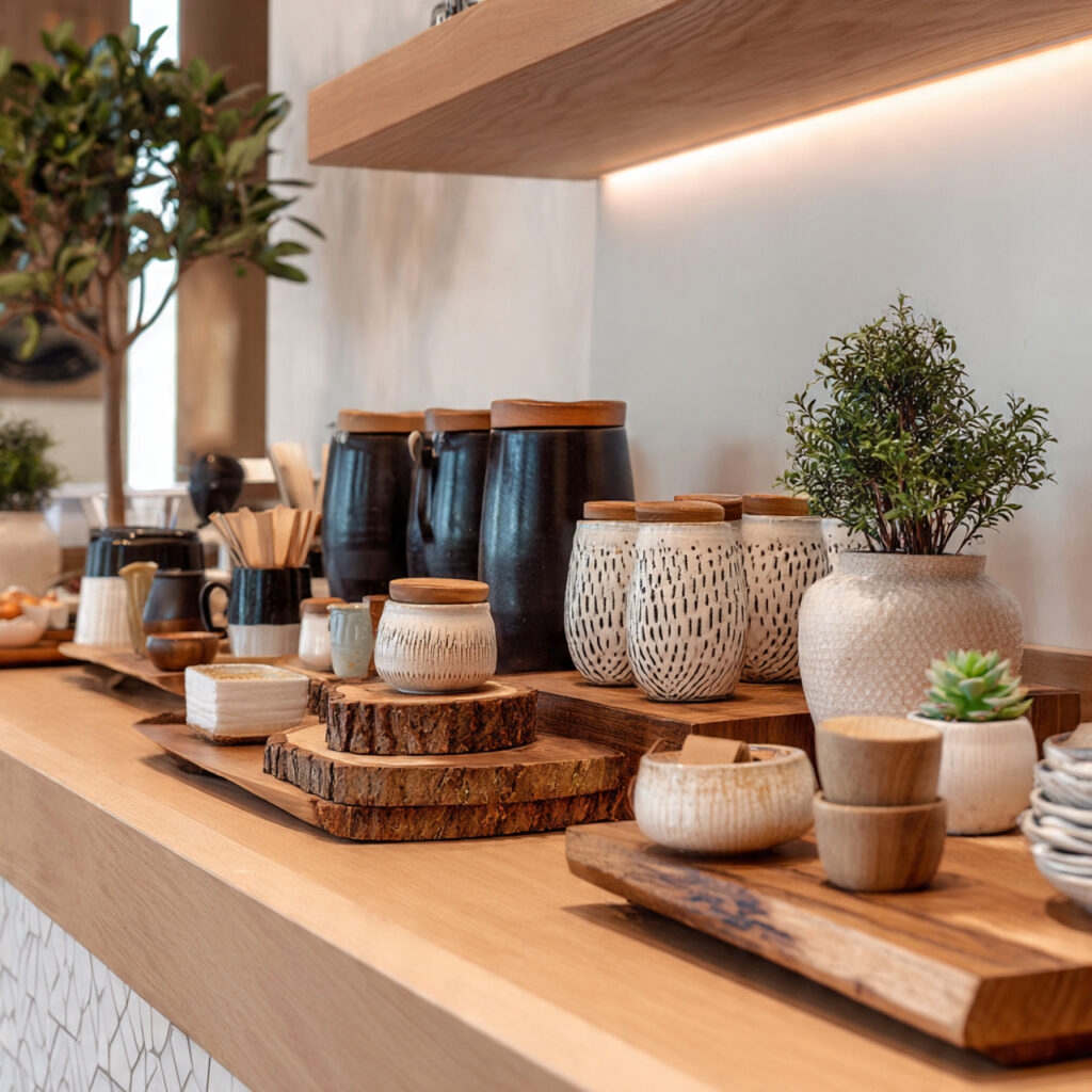 a modern coffee bar with natural decorative