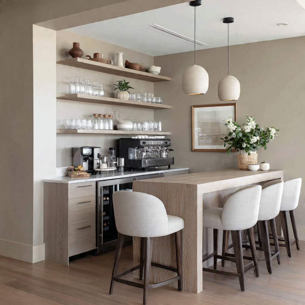 a modern coffee bar with neutral and