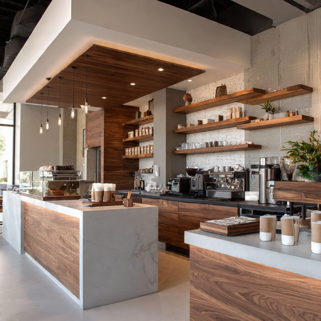 a modern coffee bar with warm wood
