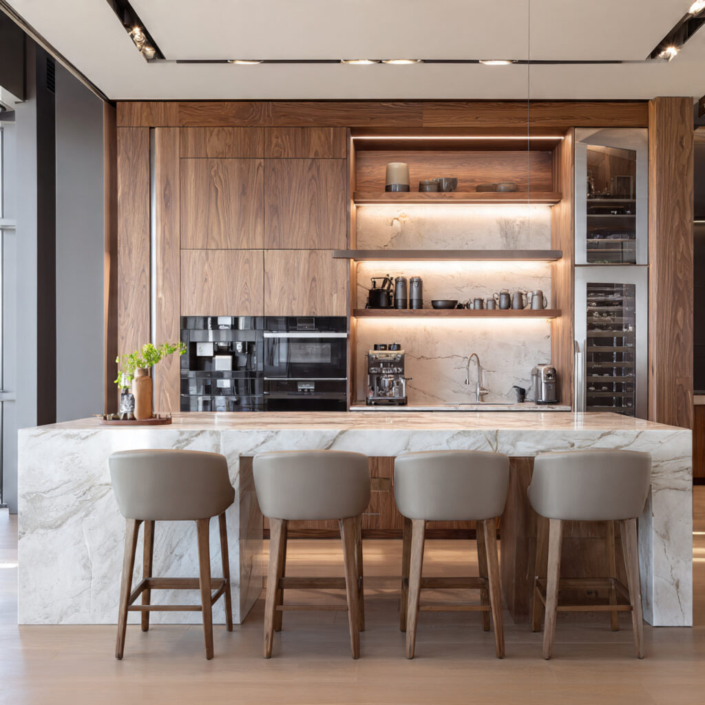 a modern kitchen with a coffee bar