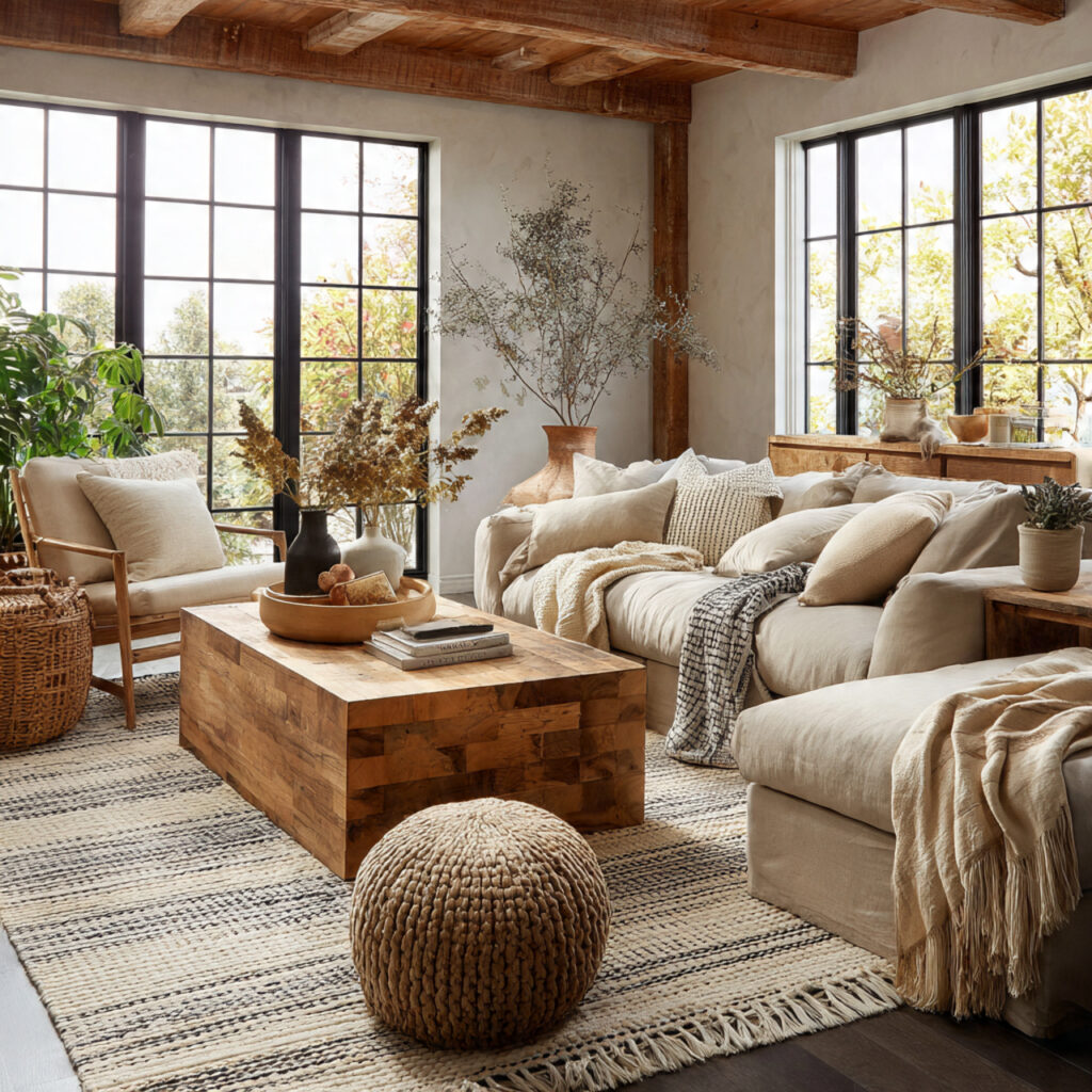 a modern rustic living room with layered
