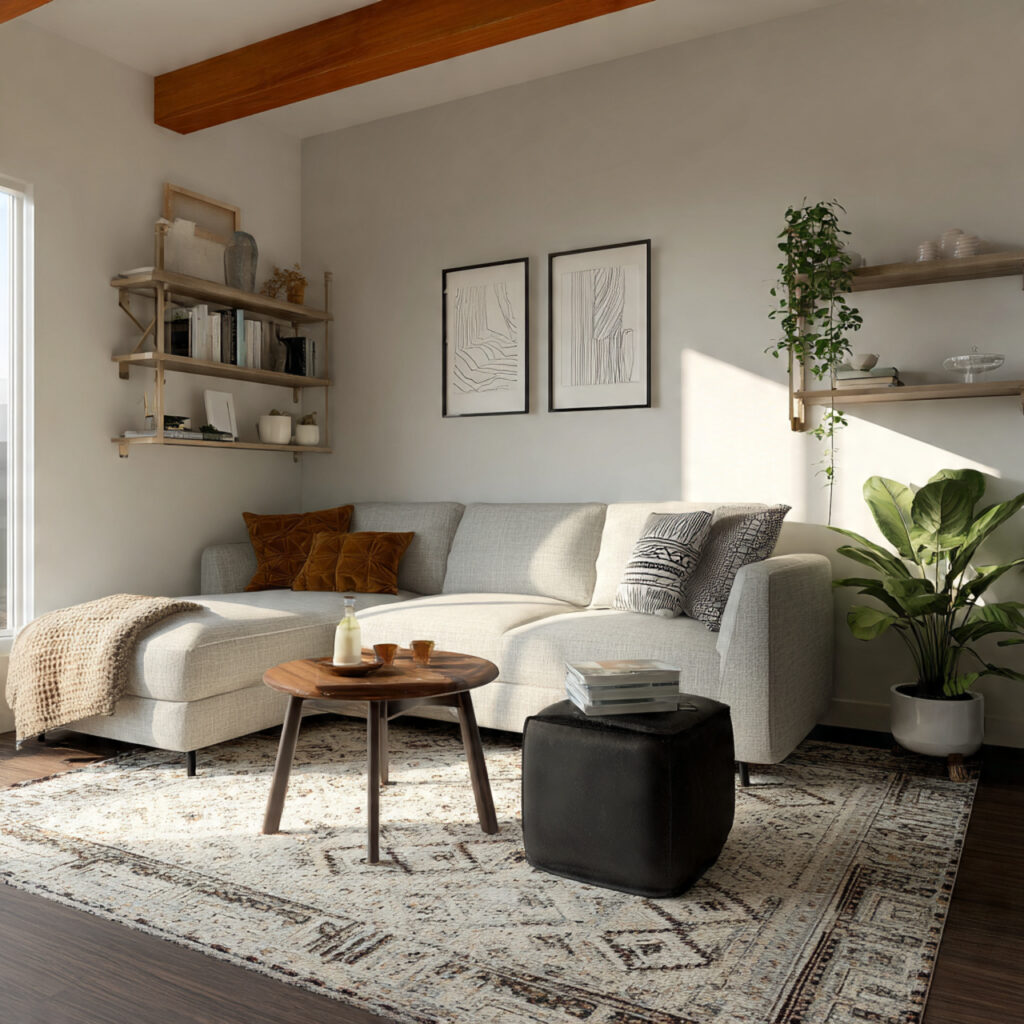 a modern rustic living room with minimal