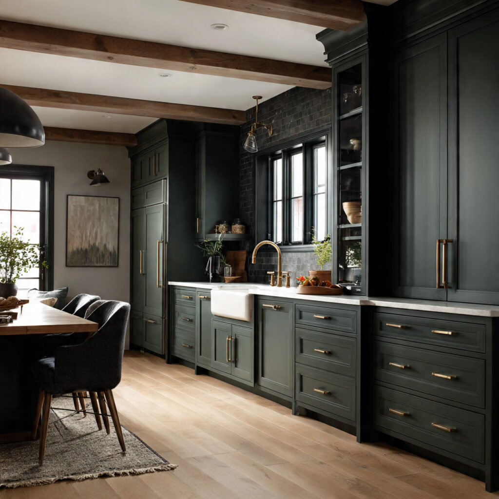 a moody farmhouse kitchen with dark cabinetry