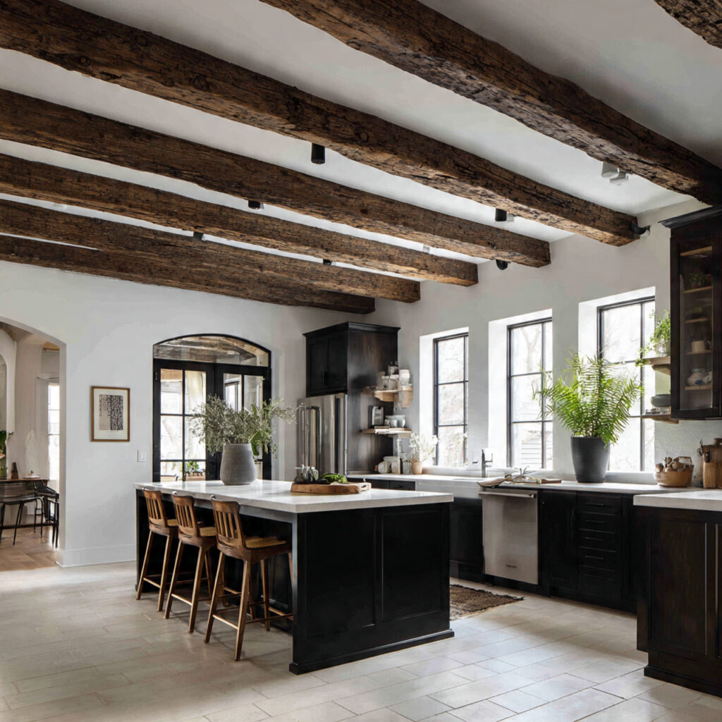 a moody farmhouse kitchen with exposed wooden