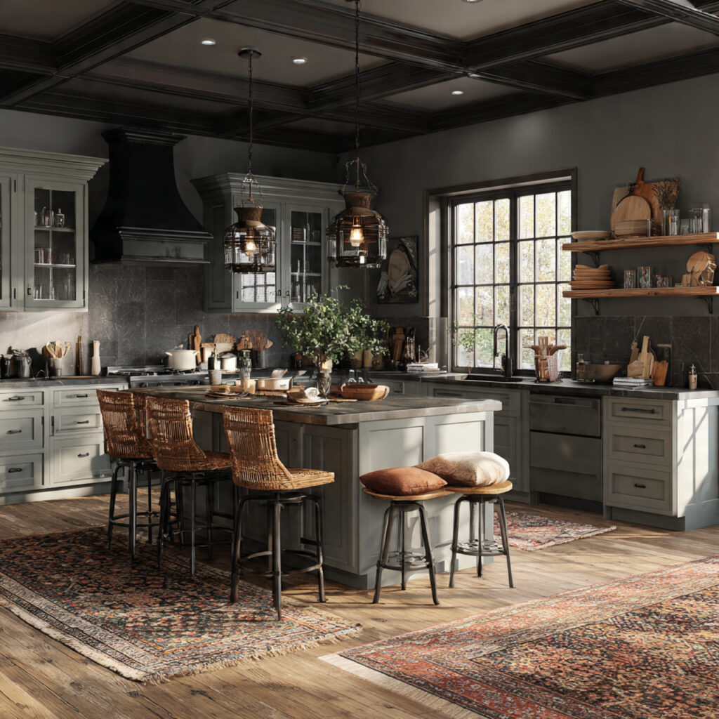 a moody farmhouse kitchen with functional layouts