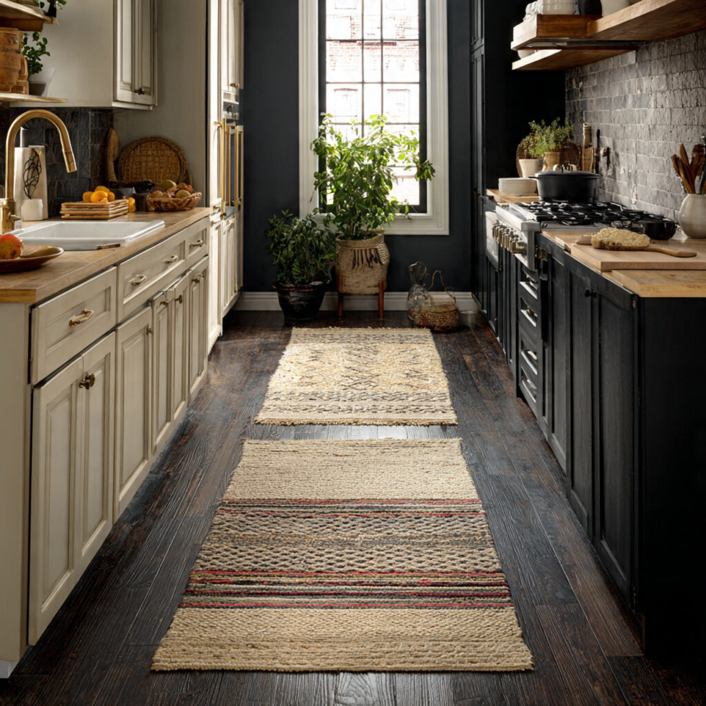 a moody farmhouse kitchen with textured rugs