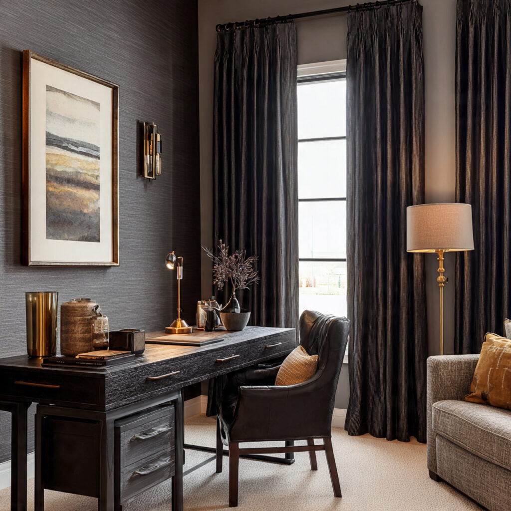 a moody home office with dark window