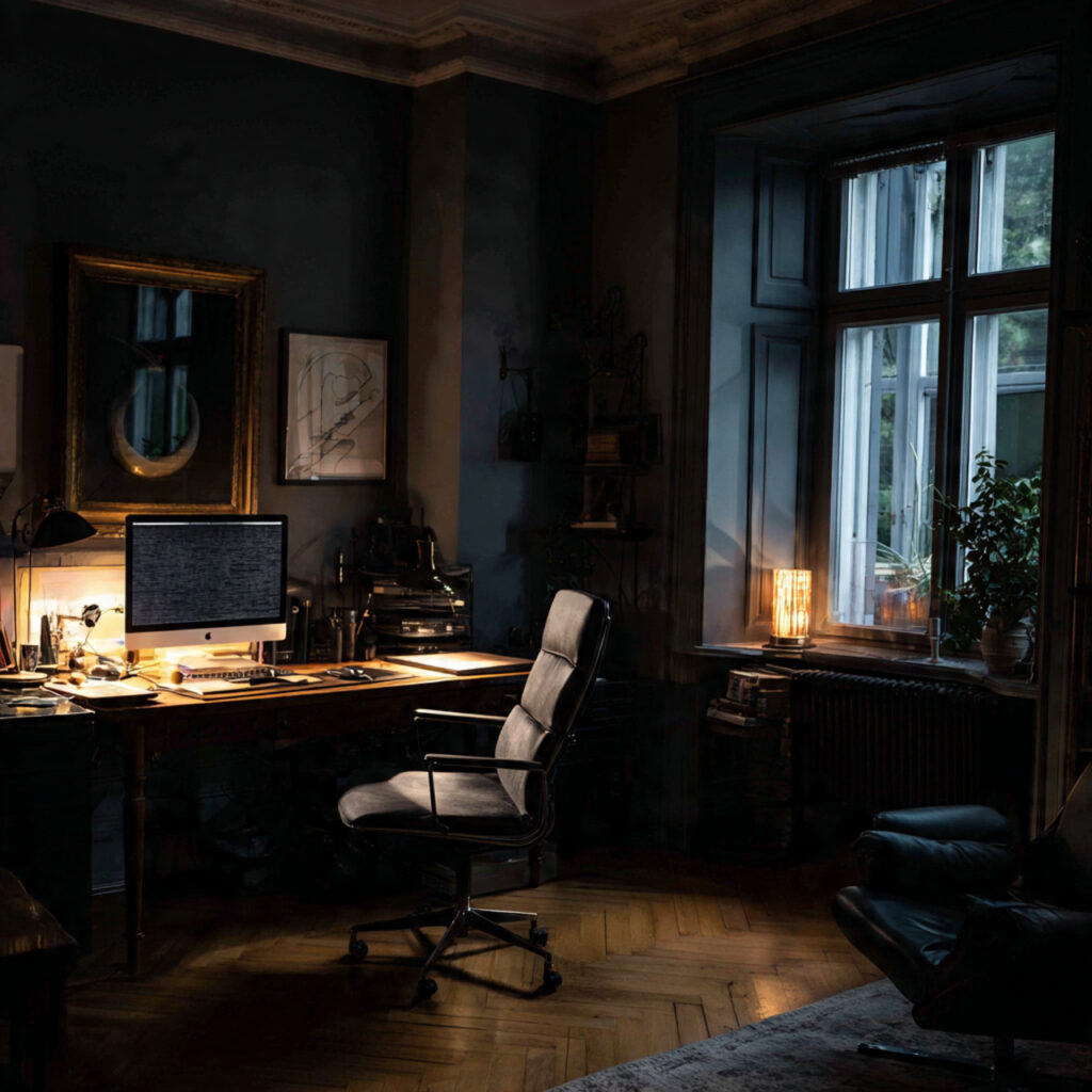 a moody home office with low ambient