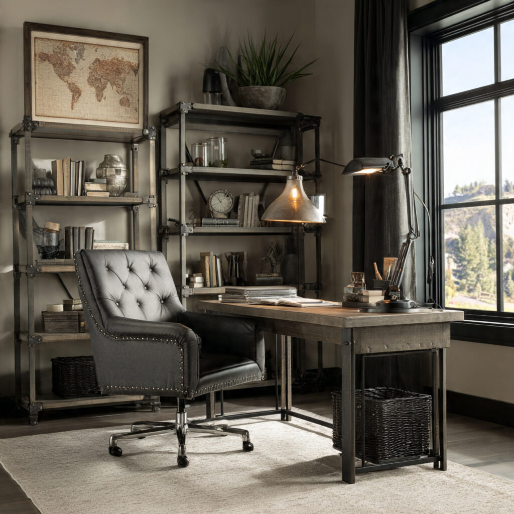 a moody home office with metal accents