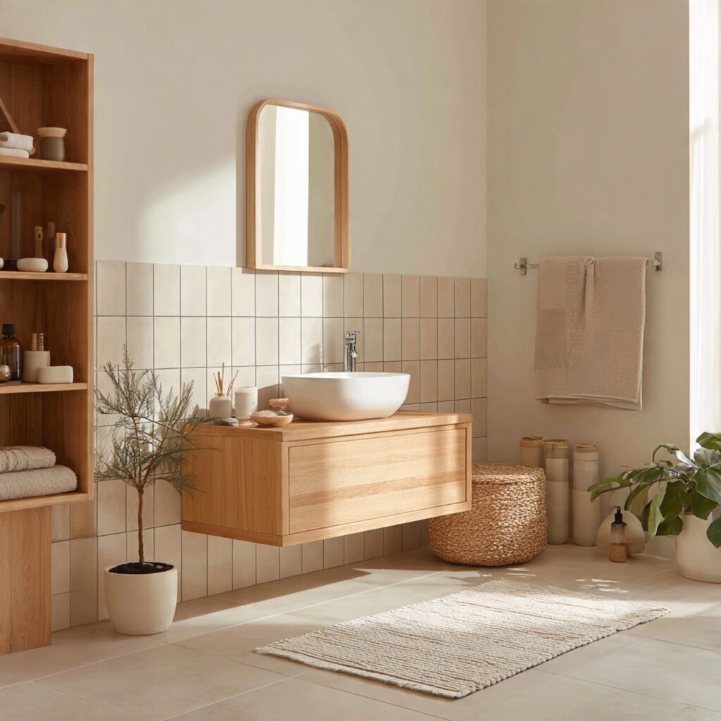 22 Japandi Bathroom Design Ideas for a Calm, Minimal, and Modern Look 2 a neutral japandi bathroom uses soft beige
