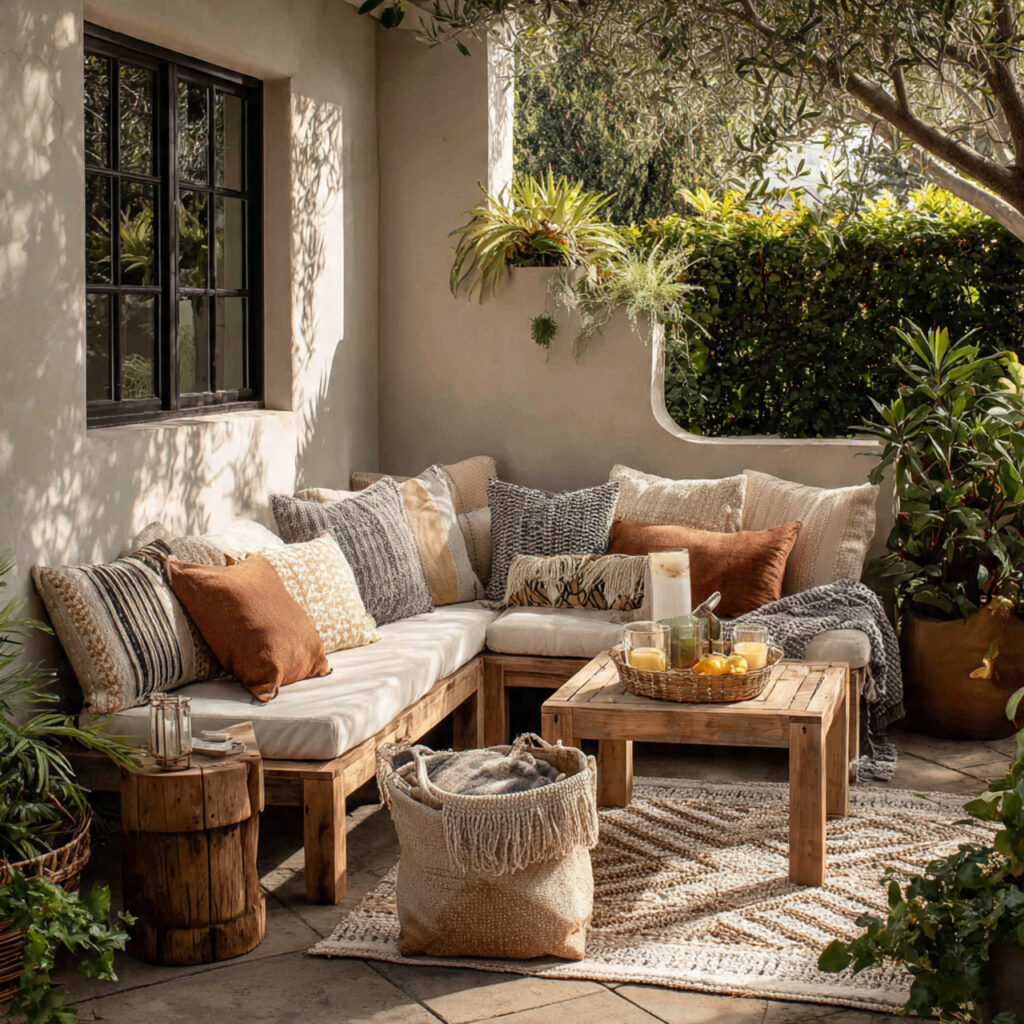 a patio with a mix of cushions