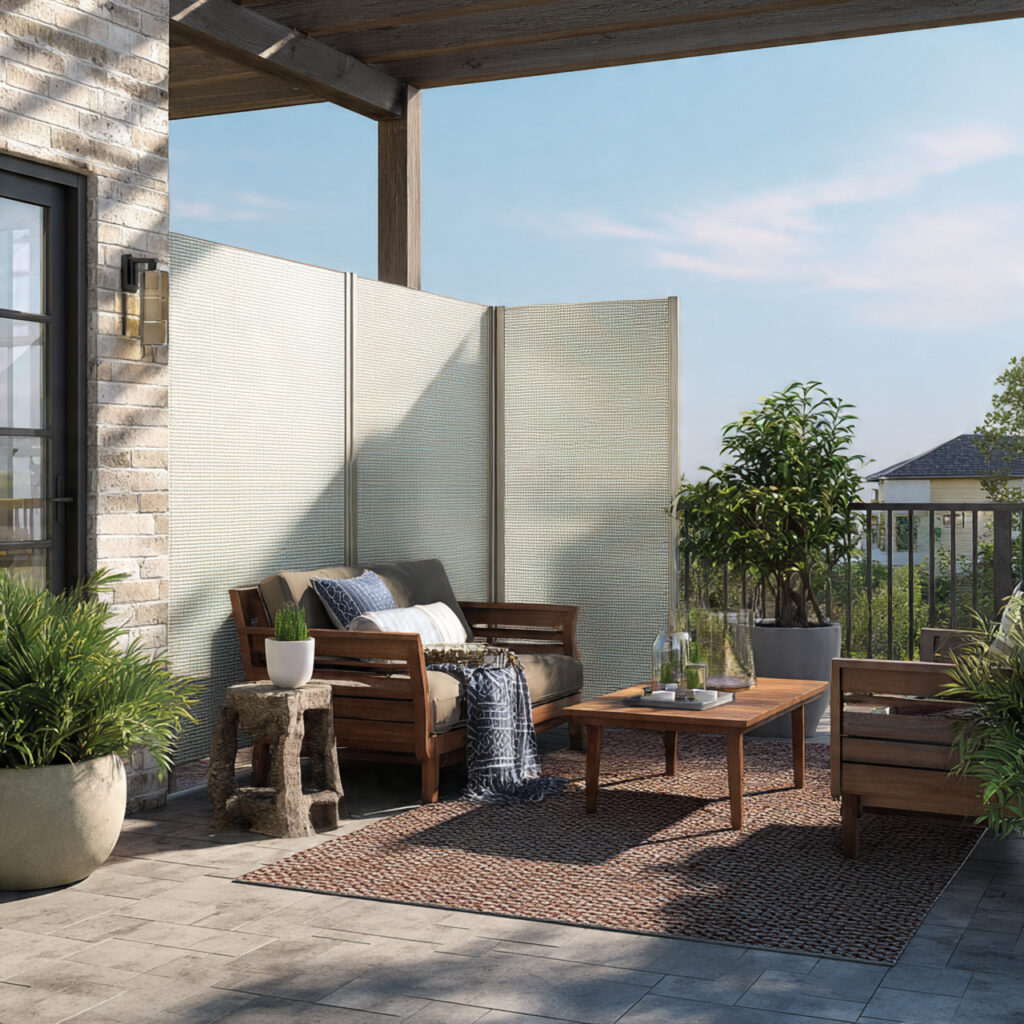 a patio with partial walls or screens