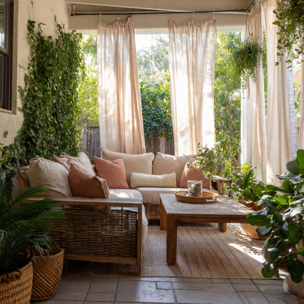 a patio with privacy curtains