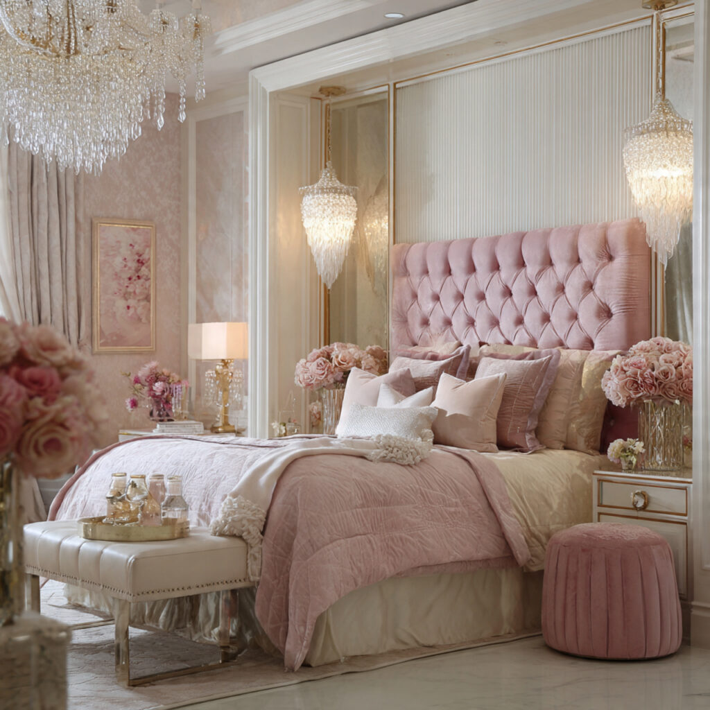 a pink coquette bedroom with pearl and