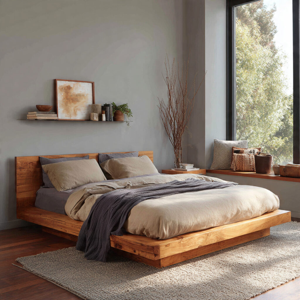 a platform bed with a natural wood