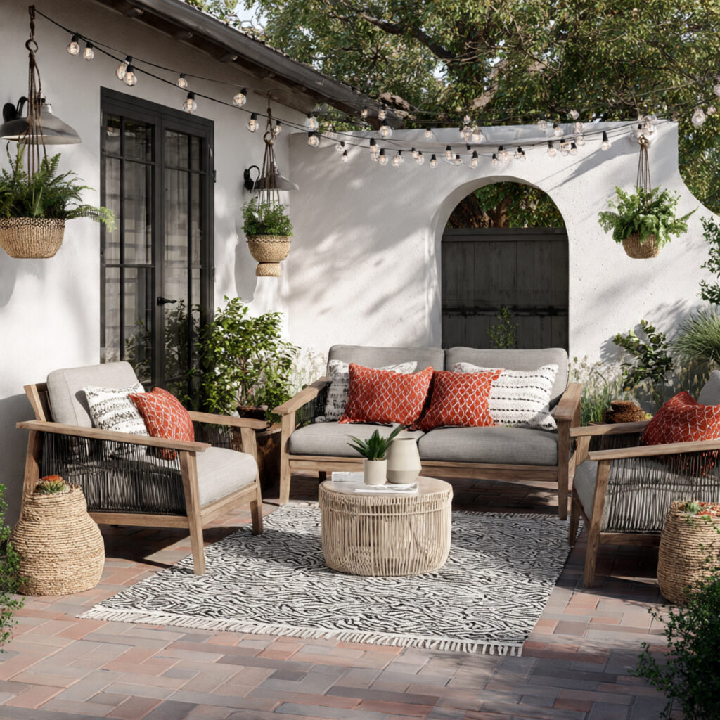 a relaxed seating layout for boho patio
