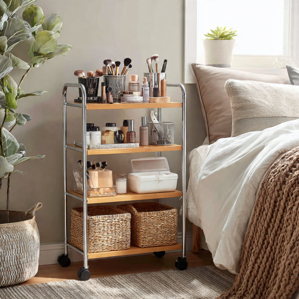 a rolling vanity cart adds flexibility to