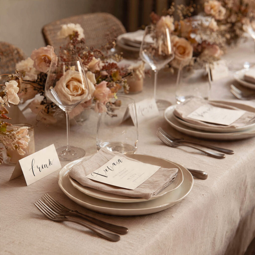 a romantic dinner table with name cards