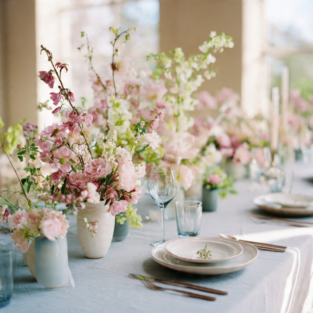 a romantic table setting with low floral