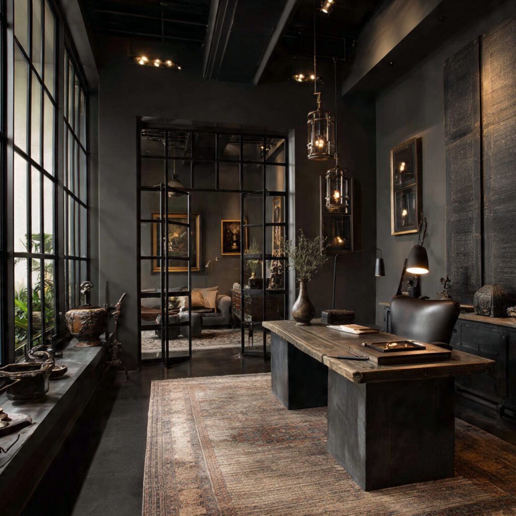 a room with dark metal accents matte