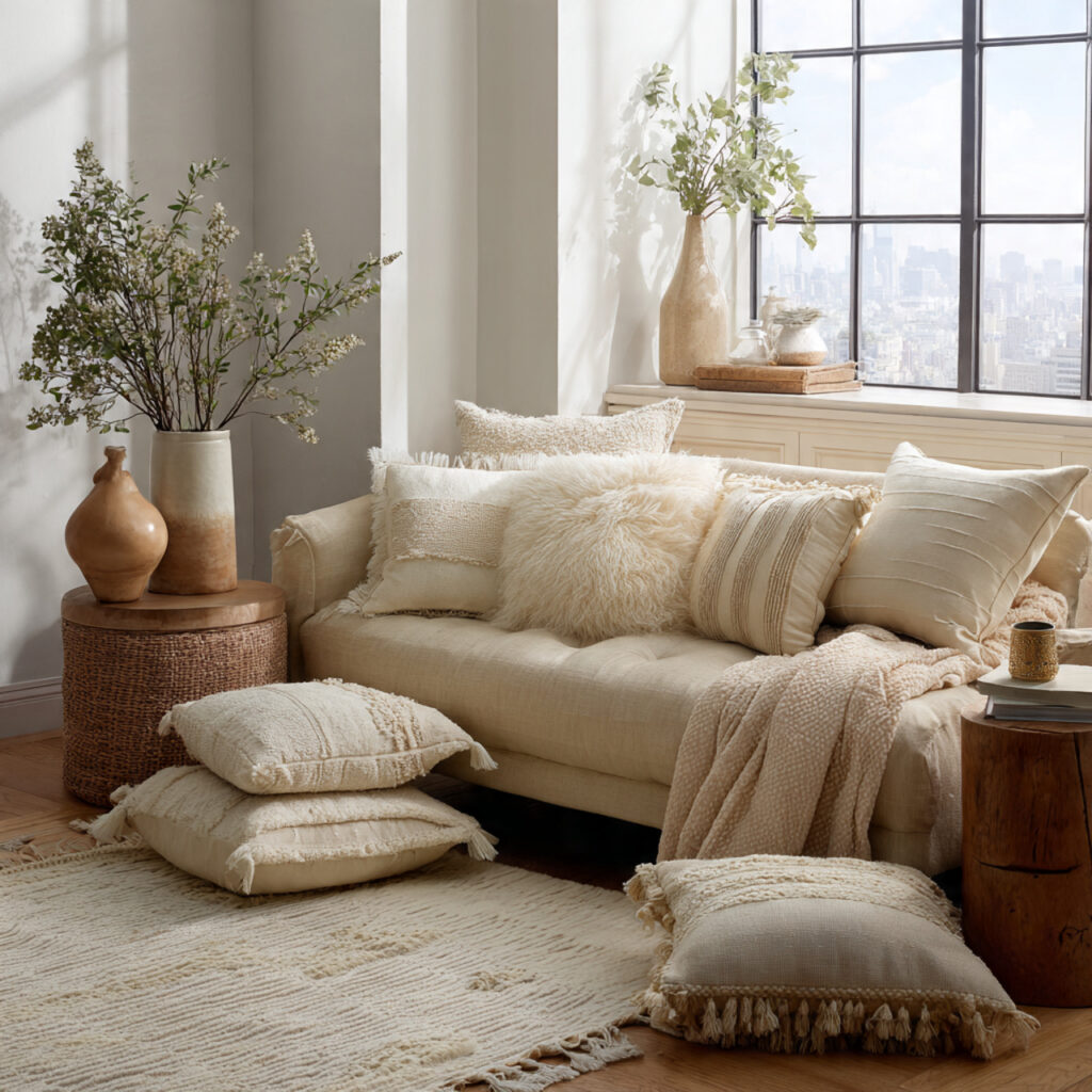 a room with neutral accents pillows and
