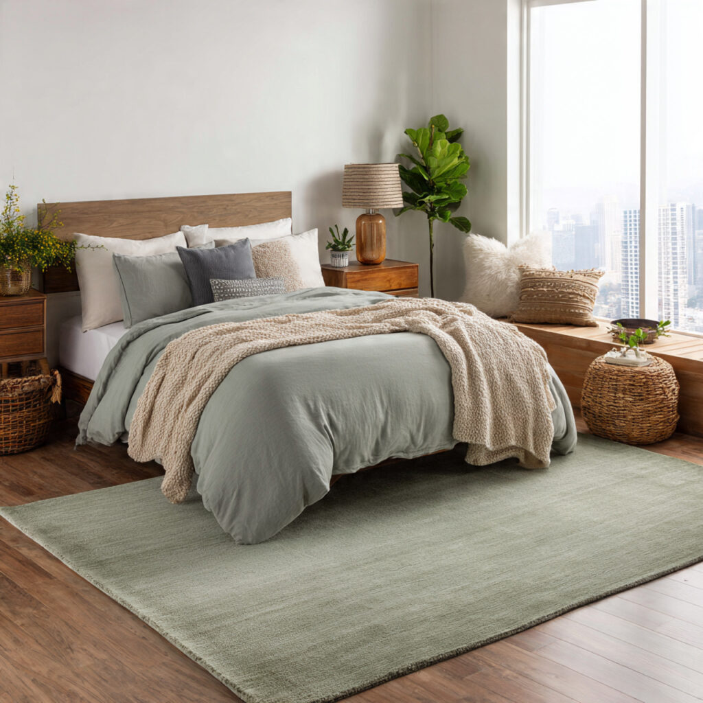 25 Sage Green Bedroom Ideas That Feel Calm and Aesthetic 12 a sage green rug anchors your bedroom