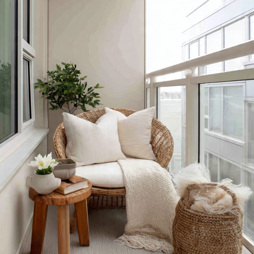 a small balcony with a compact chair