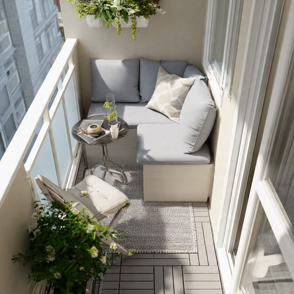 a small balcony with corner seating arrangement