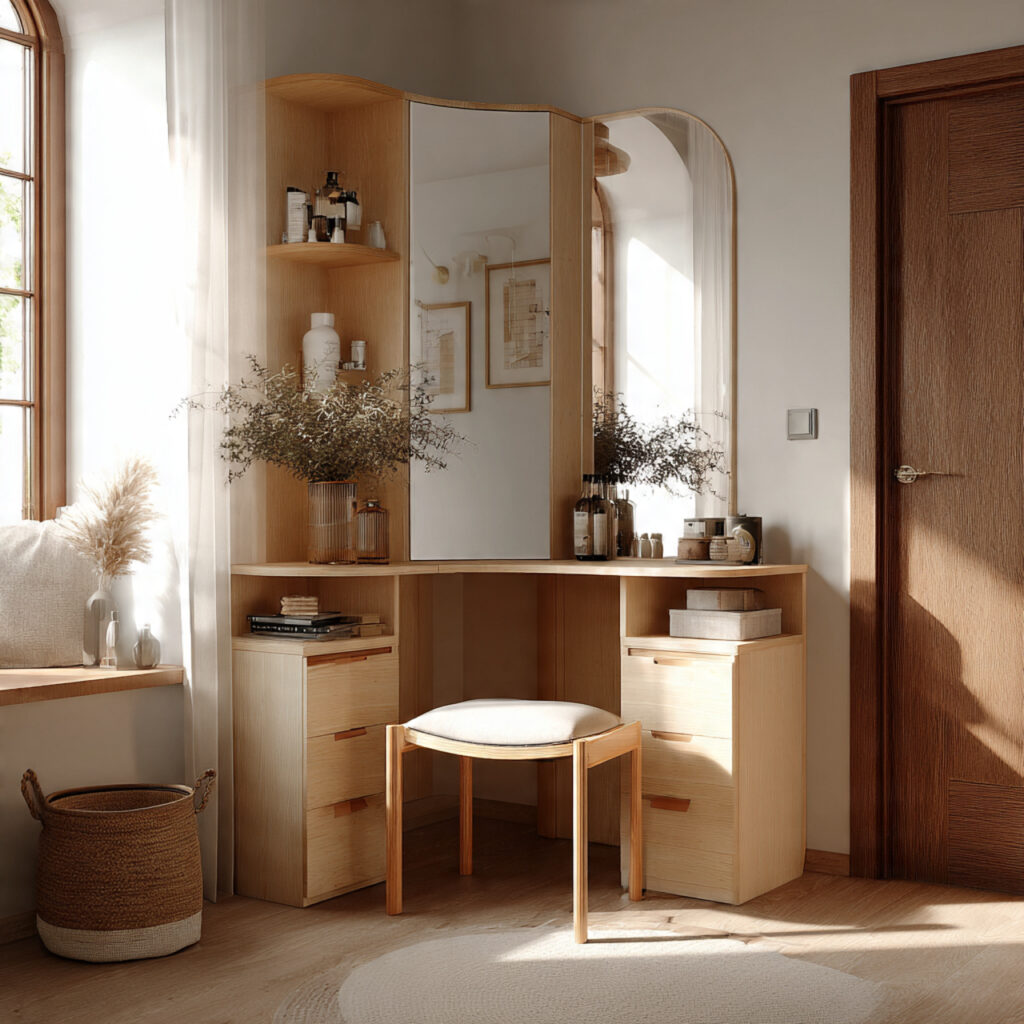 a small bedroom with a corner vanity