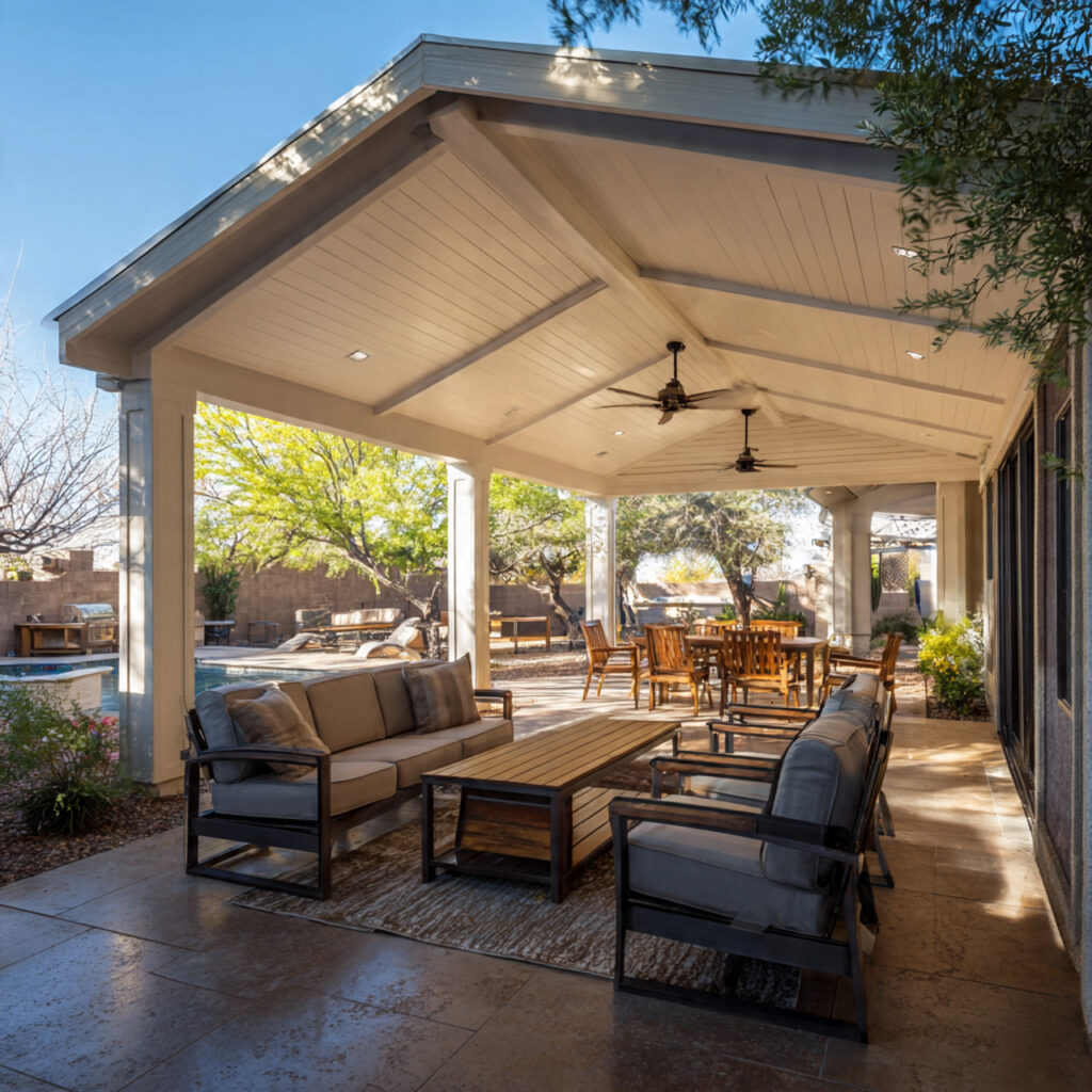 a solid roof covered patio offers maximum