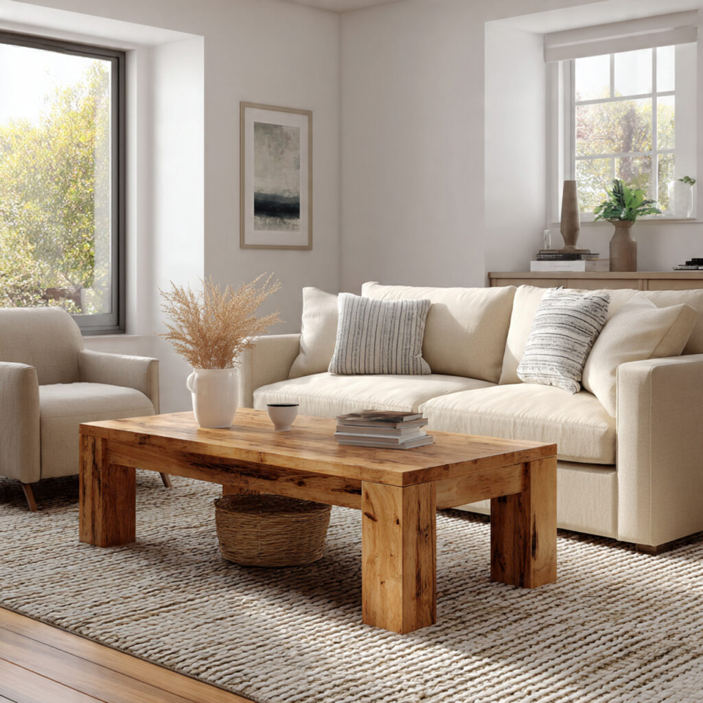 a solid wood coffee table adds instant
