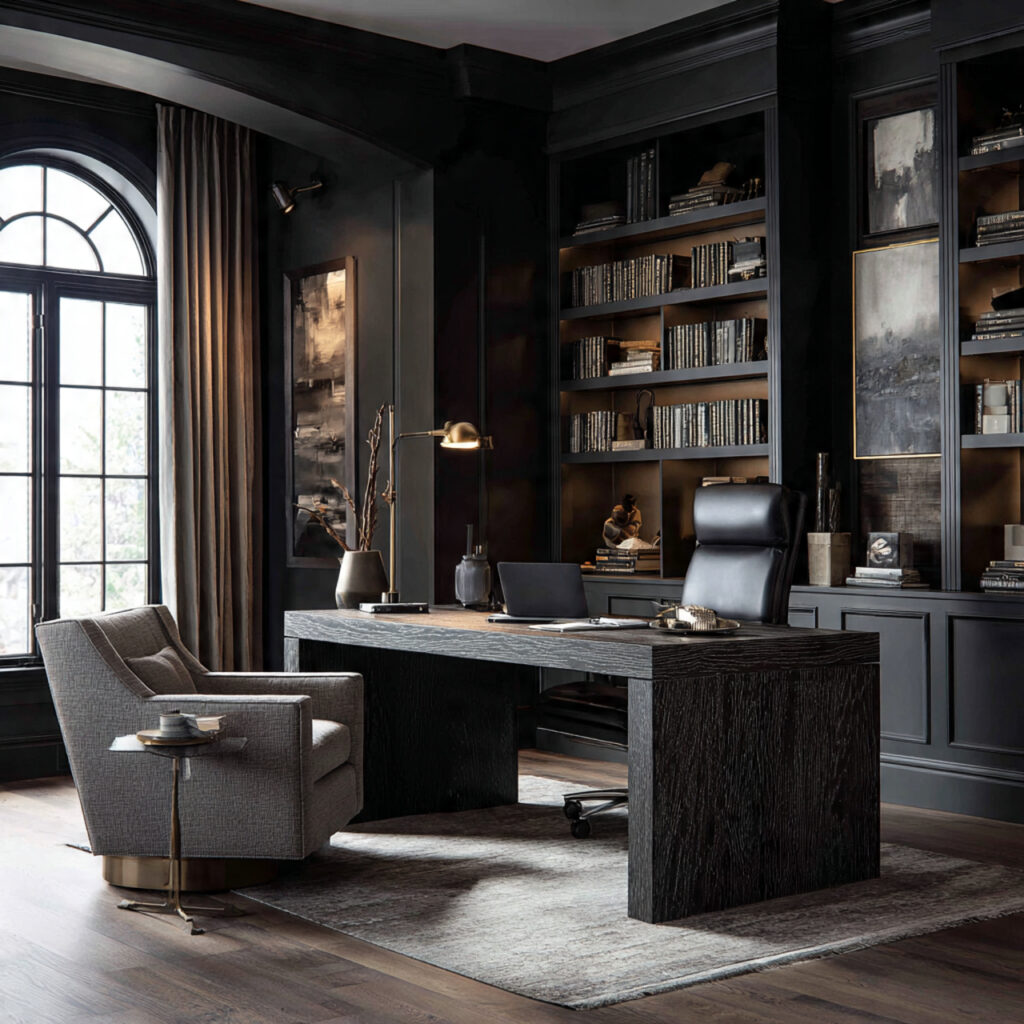 a statement desk anchors the entire moody