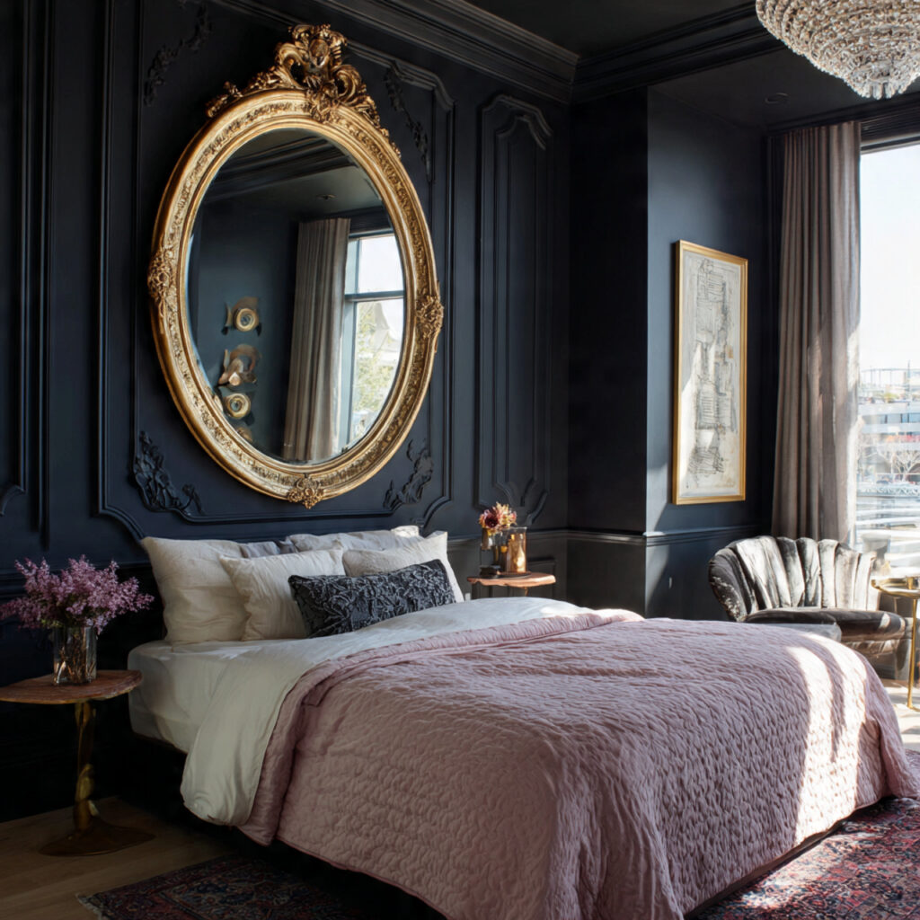 a statement mirror adds elegance to a