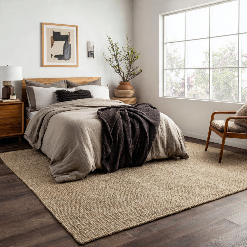 a textured neutral area rug adds warmth