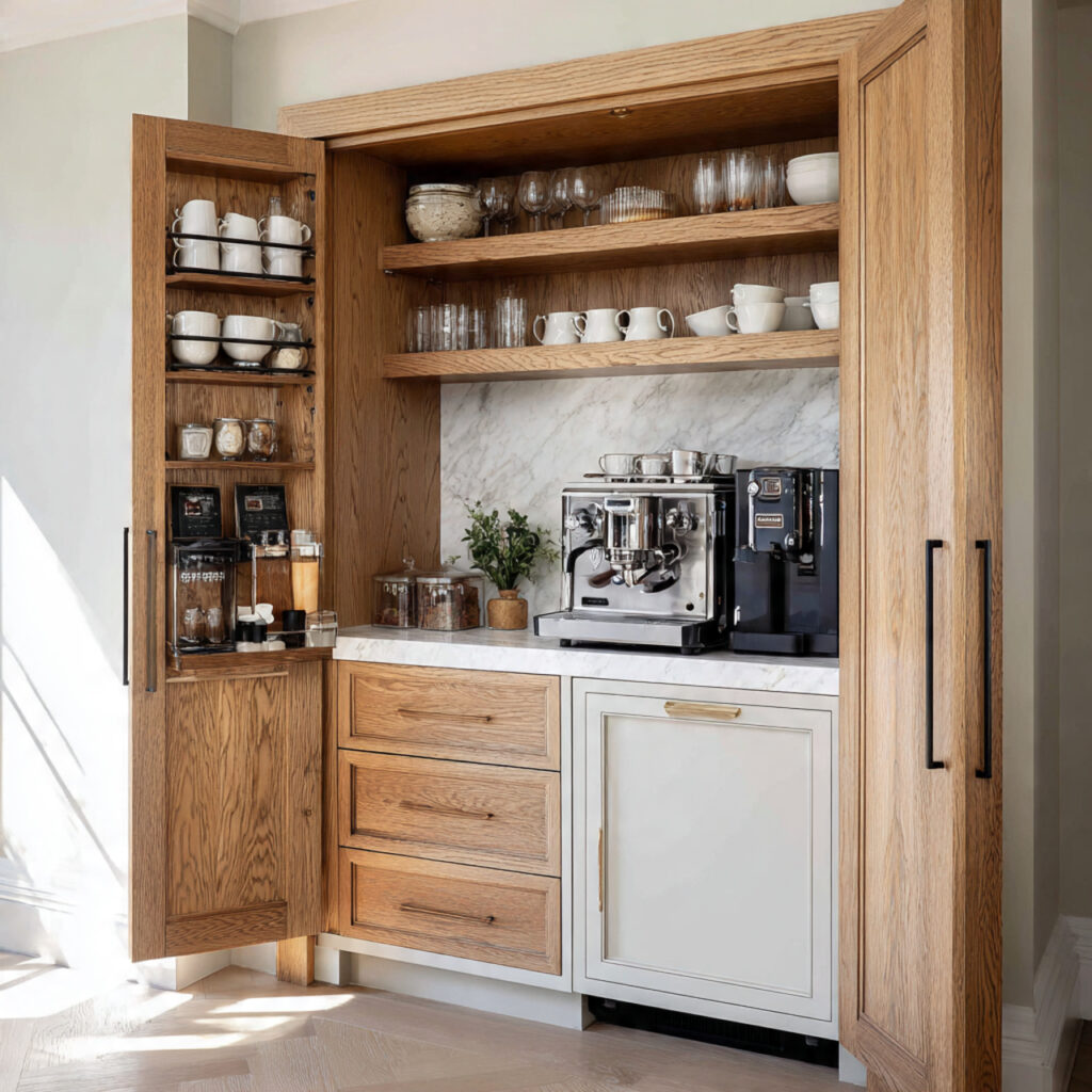 a tidy coffee bar with hidden storage