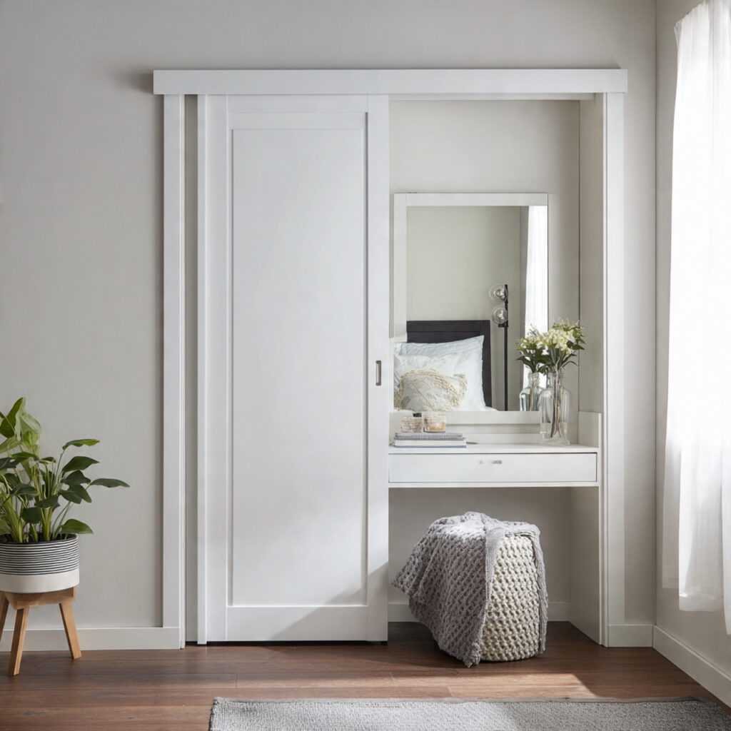 a vanity hidden behind a sliding door