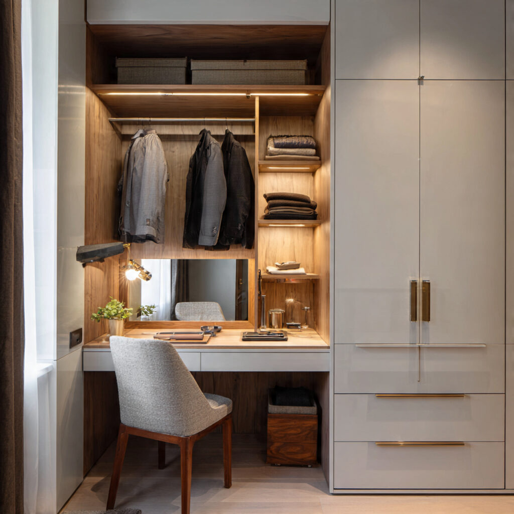 a vanity integrated into a wardrobe saves