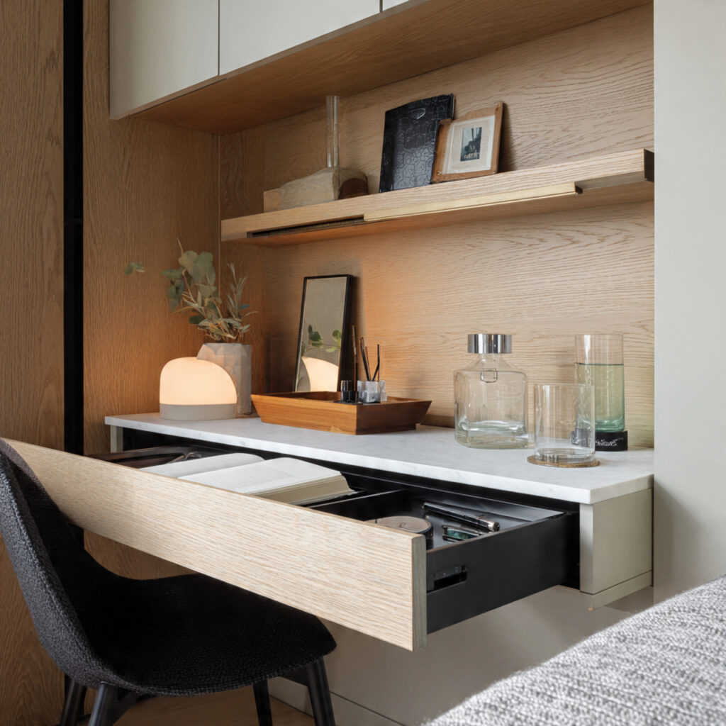 a vanity with a pull out drawer