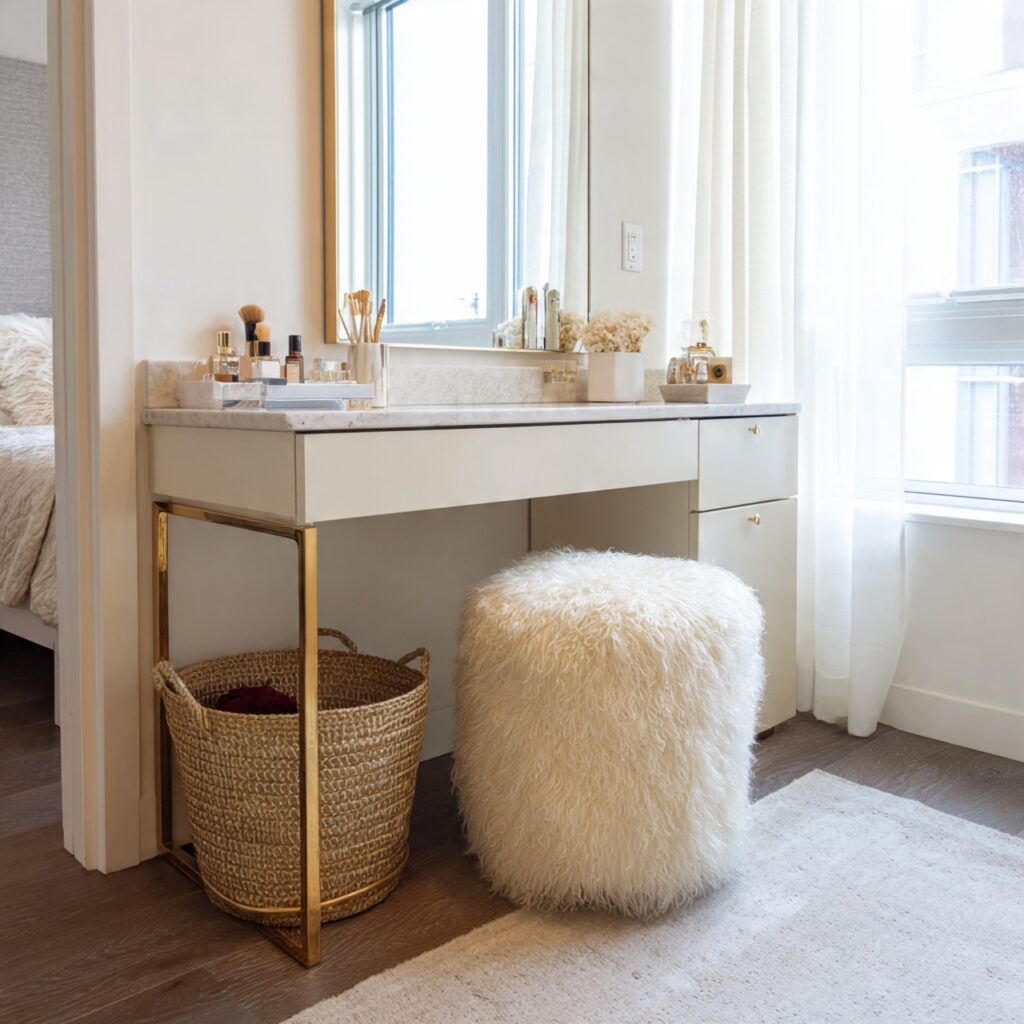 a vanity with a tuck in stool