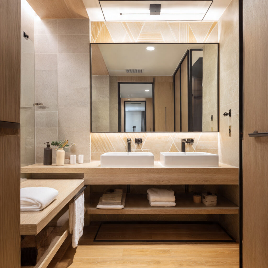 a vanity with a vertical mirror creates