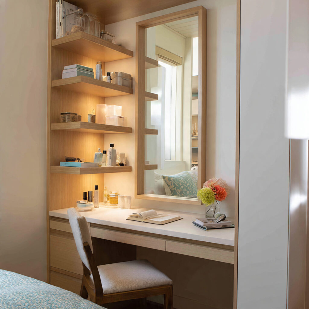 a vanity with built in shelves offers smart