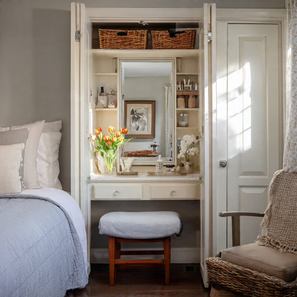 a vanity with mirror mounted storage saves