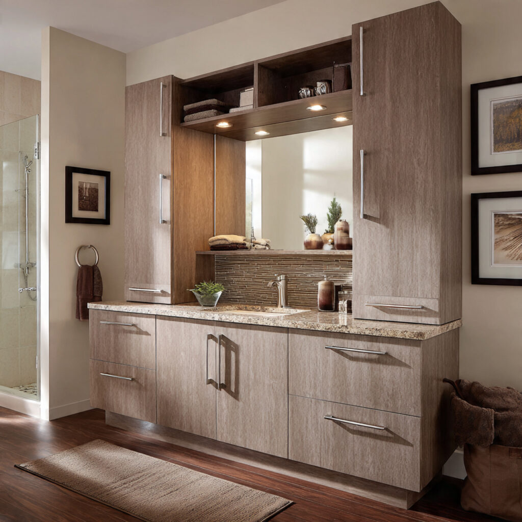 a vanity with overhead cabinets uses vertical