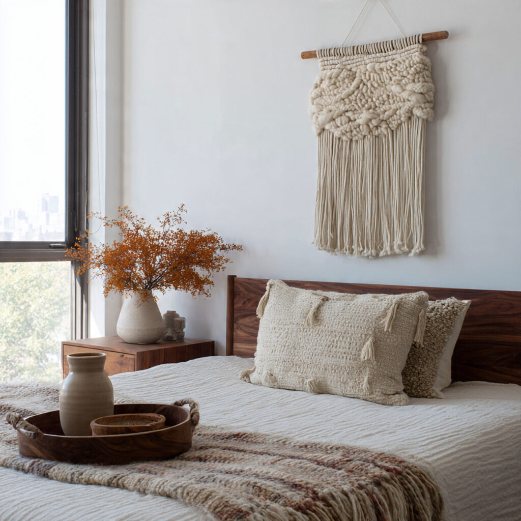 a woven wall hanging introduces organic texture