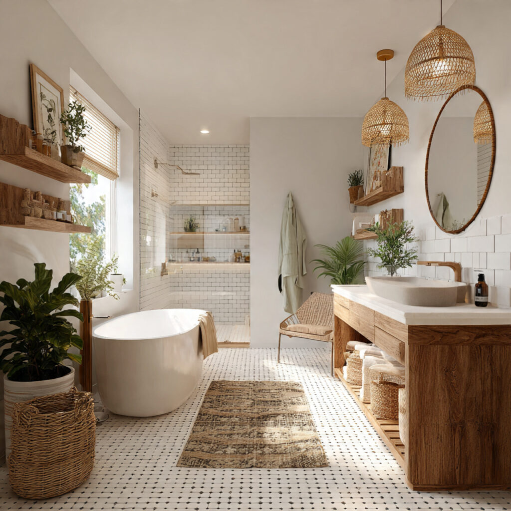 23 Boho Style Bathroom Ideas That Feel Relaxed and Aesthetic 14 an open layout helps a boho style