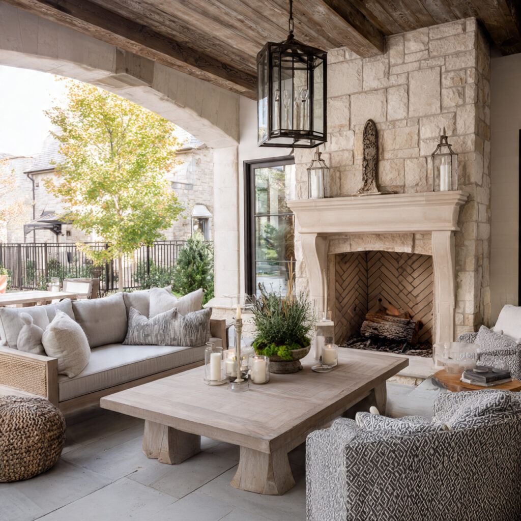 an outdoor fireplace under a covered patio